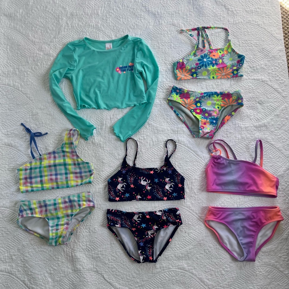Cat and Jack Girls Swim Lot 4 Two Piece Swimsuits Rash Guard Size 8 Medium M